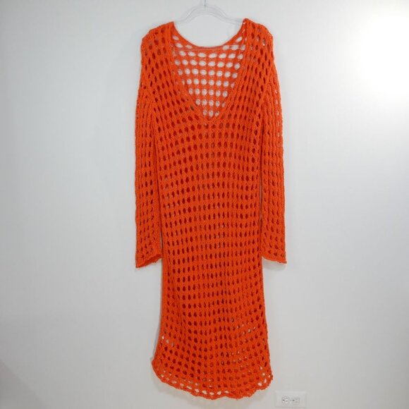 FREE PEOPLE Beach Sahara Sweater Midi Cover up DRESS M L Orange Scarlet Ibis NEW - Picture 5 of 8